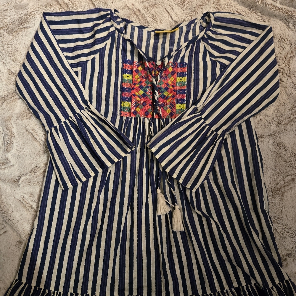 Roller Rabbit Blue White Striped Cover Up [Medium] 100% Cotton Boho Embroidery - Picture 2 of 9